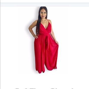 Red Flowy Pleated Jumpsuit